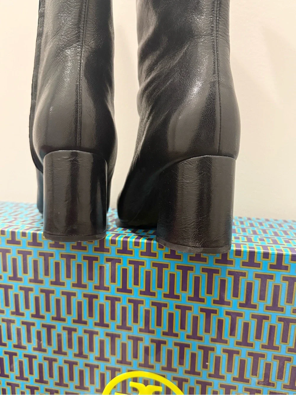 Tory Burch Black Leather Knee-High Block Heel Boots with Gold Logo